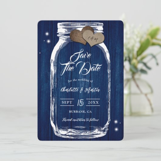 Rustiek Hout Mason Jar Marine Blauwe Huwelijk Save The Date (Staand voorkant)