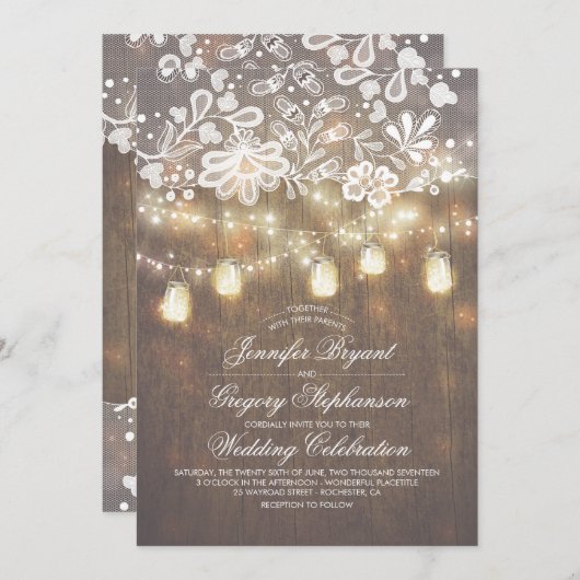 Rustiek Hout Mason Jar String Lights Fall Wedding Kaart (Voorkant / Achterkant)