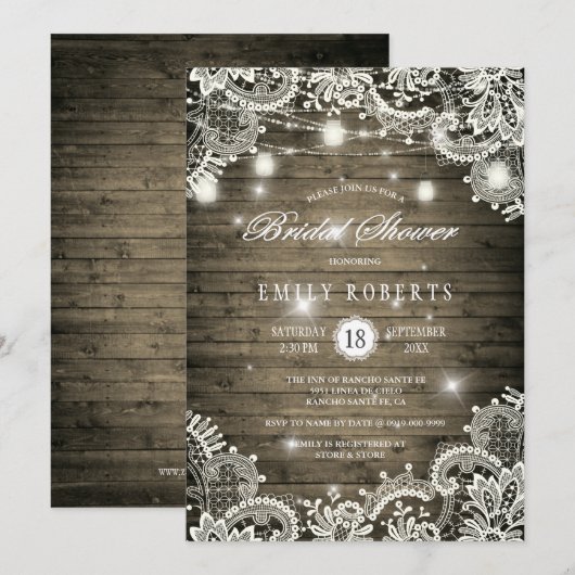 Rustiek hout Mason Jars Lights Kant Vrijgezellenfe Kaart (Voorkant / Achterkant)