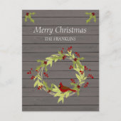 Rustiek hout met kerstkrans en zoete vogel feestdagenkaart (Voorkant)