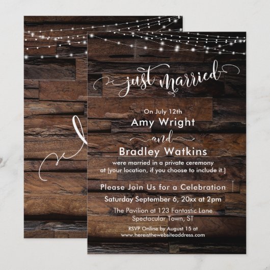 Rustiek hout met lichten, "Just Married"-calligraf Kaart (Voorkant / Achterkant)
