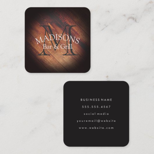 Rustiek hout met Monogram Vierkante Visitekaartje (Voorkant / Achterkant)