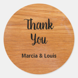 Rustiek hout met namen ronde sticker