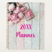 Rustiek hout met roze pioenenbloemen planner (Voorkant)