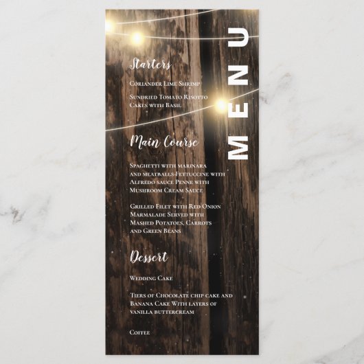 Rustiek hout met String Lights Bruiloft Menu (Voorkant)