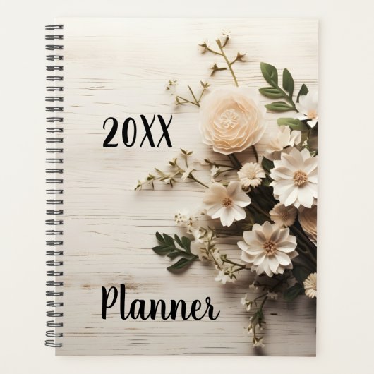 Rustiek hout met witte elegante bloemen planner (Voorkant)