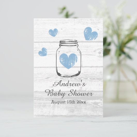 Rustiek hout metselaar jar boy's baby shower party informatiekaartje (Staand voorkant)