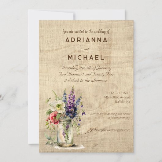 Rustiek hout metselaar pot bloemenbruiloft uitnodi kaart (Voorkant)