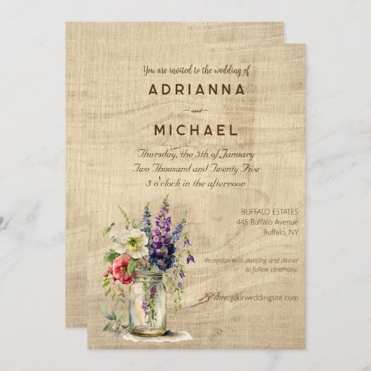 Rustiek hout metselaar pot bloemenbruiloft uitnodi kaart (Voorkant / Achterkant)