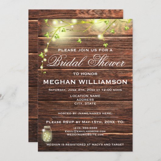 Rustiek hout metselaar verlichting bruids douche u kaart (Voorkant / Achterkant)