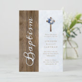 Rustiek Hout Modern Elegant Script Blauw Doopsel Kaart (Staand voorkant)