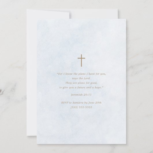 Rustiek Hout Modern Elegant Script Blauw Doopsel Kaart (Achterkant)