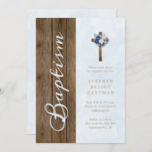 Rustiek Hout Modern Elegant Script Blauw Doopsel Kaart (Voorkant / Achterkant)