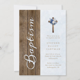 Rustiek Hout Modern Elegant Script Blauw Doopsel Kaart