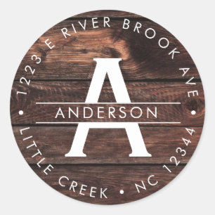 Rustiek hout   Modern Monogram retouradreslabel Ronde Sticker