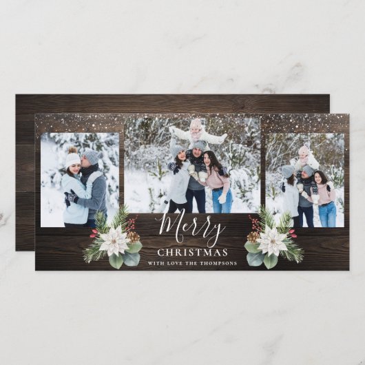 Rustiek Hout Modern Script Merry Christmas 3 Foto' Feestdagenkaart (Voorkant / Achterkant)