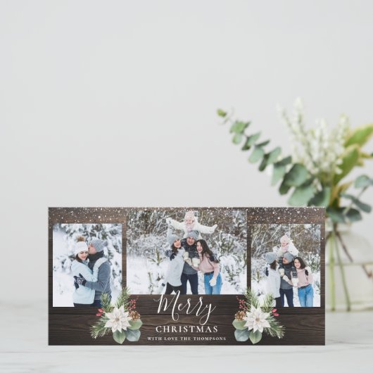 Rustiek Hout Modern Script Merry Christmas 3 Foto' Feestdagenkaart (Staand voorkant)