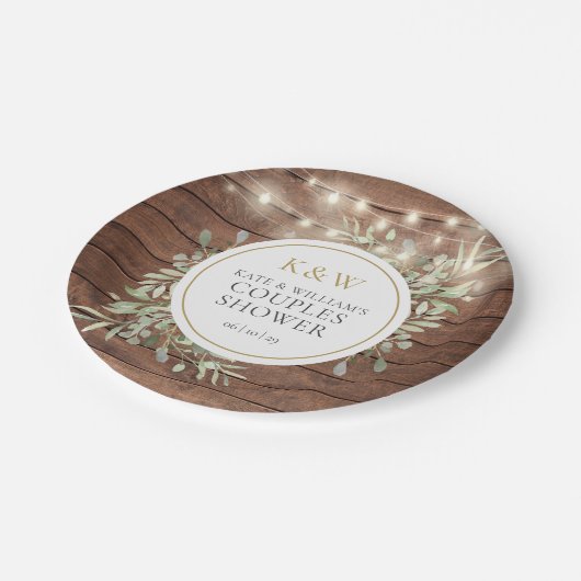 Rustiek hout monogram groen koppels douche papieren bordje (Gekanteld)