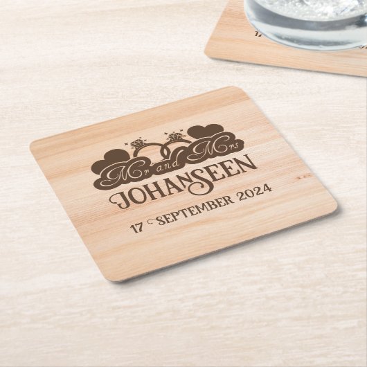 Rustiek hout Mr en Mrs bruidegom trouwgunst Kartonnen Onderzetters (Schuin)