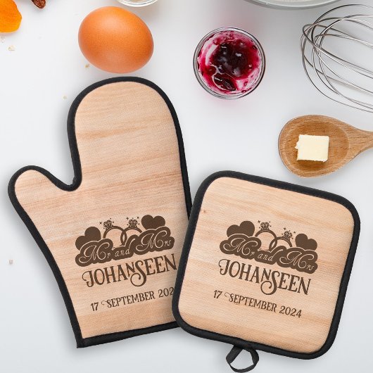 Rustiek hout Mr & Mrs Hearts bruid bruidegom bruil Ovenwant & Pannenlap Set
