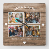 Rustiek Hout Nana Papa 4 Foto Grootouder Gift Vierkante Klok (Voorkant)