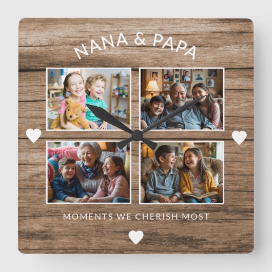 Rustiek Hout Nana Papa 4 Foto Grootouder Gift Vierkante Klok (Voorkant)
