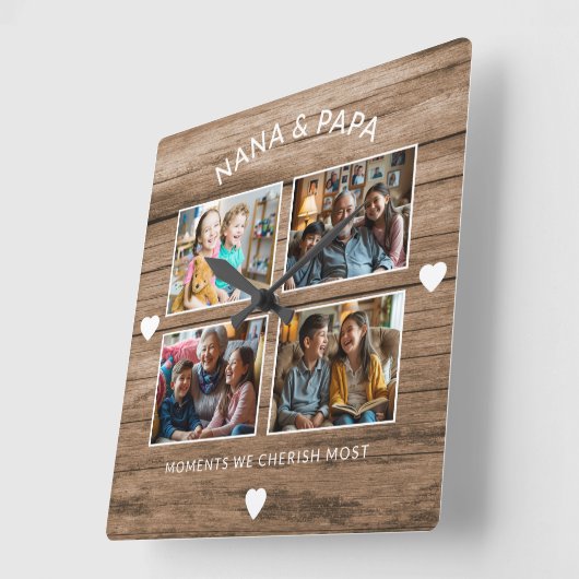 Rustiek Hout Nana Papa 4 Foto Grootouder Gift Vierkante Klok (Hoek)