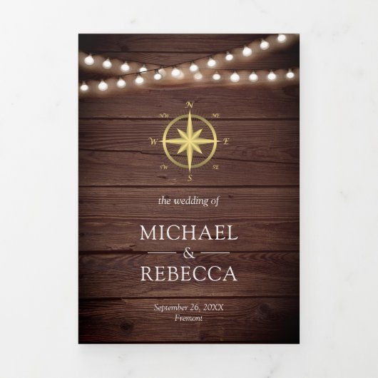 Rustiek Hout Nautisch Goud Kompas Wedding Drieluik Uitnodiging (Cover)