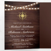 Rustiek Hout Nautisch Goud Kompas Wedding Drieluik Uitnodiging (Binnenzijde eerst)