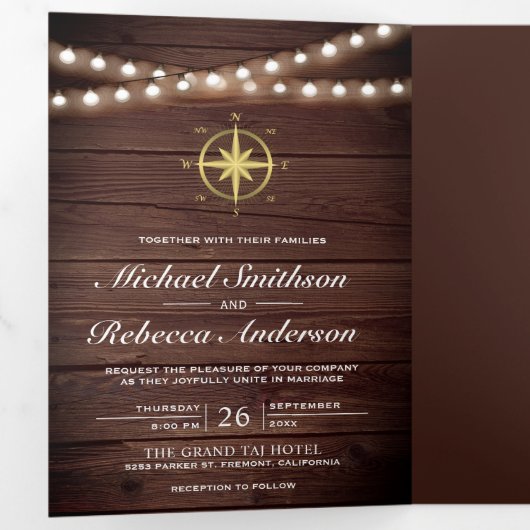 Rustiek Hout Nautisch Goud Kompas Wedding Drieluik Uitnodiging (Binnenzijde eerst)