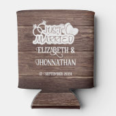 Rustiek hout net getrouwd elegante bruiloft gunste blikjeskoeler (Achterkant)