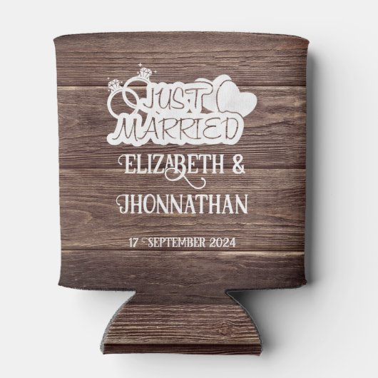 Rustiek hout net getrouwd elegante bruiloft gunste blikjeskoeler (Achterkant)