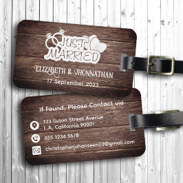 Rustiek hout net getrouwd wit typografie paar bagagelabel