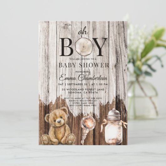 Rustiek Hout Oh Boy Baby shower Uitnodiging (Staand voorkant)