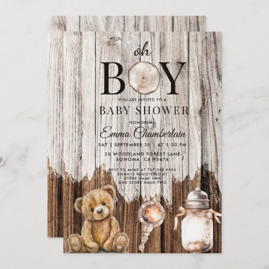 Rustiek Hout Oh Boy Baby shower Uitnodiging (Voorkant / Achterkant)
