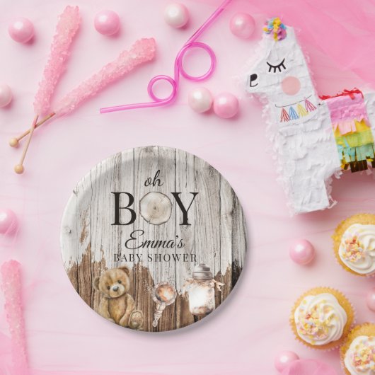 Rustiek Hout Oh Boy Baby shower Uitnodiging Papieren Bordje (Feest)