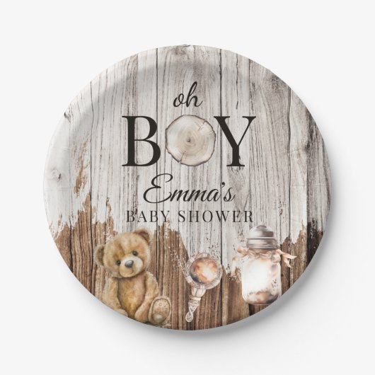 Rustiek Hout Oh Boy Baby shower Uitnodiging Papieren Bordje (Voorkant)