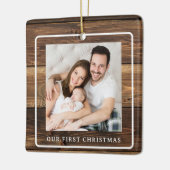 Rustiek hout Onze eerste kerst 2 foto Keramisch Ornament (Links)
