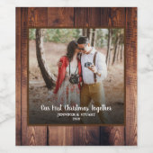Rustiek hout Onze eerste kerst samen foto Wijn Etiket (Enkel label)