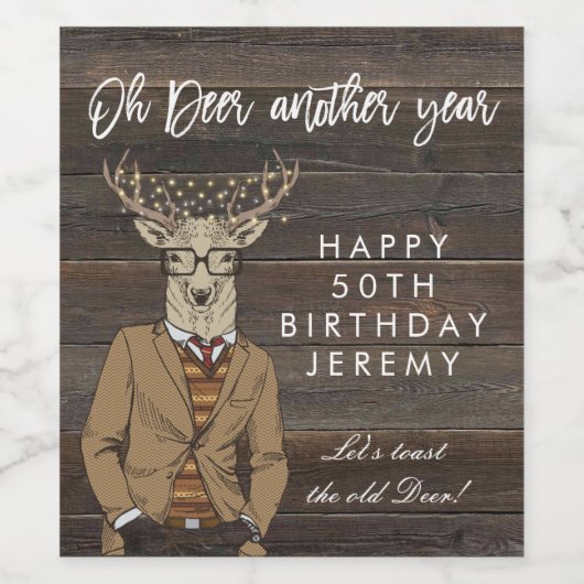 Rustiek hout oud hert 50e verjaardag feestfles wijn etiket (Enkel label)