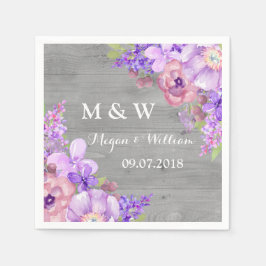 Rustiek hout paarse bloemen bruiloft monogram servetten