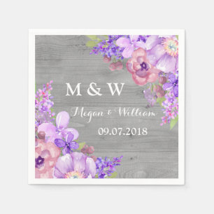 Rustiek hout paarse bloemen bruiloft monogram servetten