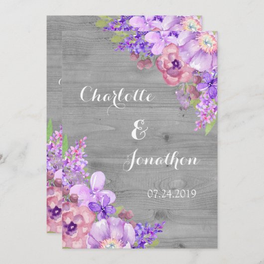Rustiek hout paarse bloemen bruiloft uitnodigingen (Voorkant / Achterkant)