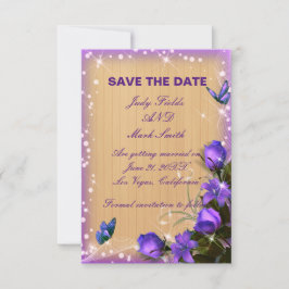 Rustiek Hout Paarse Bloemen Save The Date Kaart
