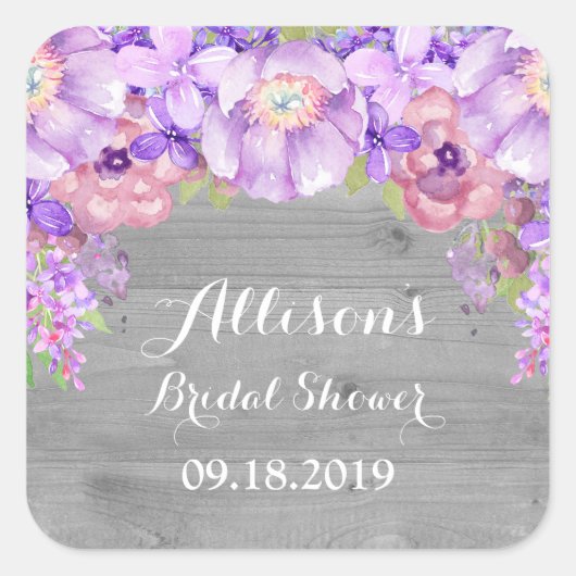 Rustiek Hout Paarse Bloemen Vrijgezellenfeest Favo Vierkante Sticker (Voorkant)
