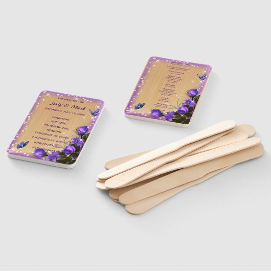 Rustiek hout Paarse bloemenbruiloft programma Handwaaier (Niet-gemonteerd)