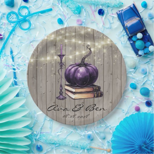 Rustiek hout Paarse pompoen bruiloft Papieren Bordje (Feest)