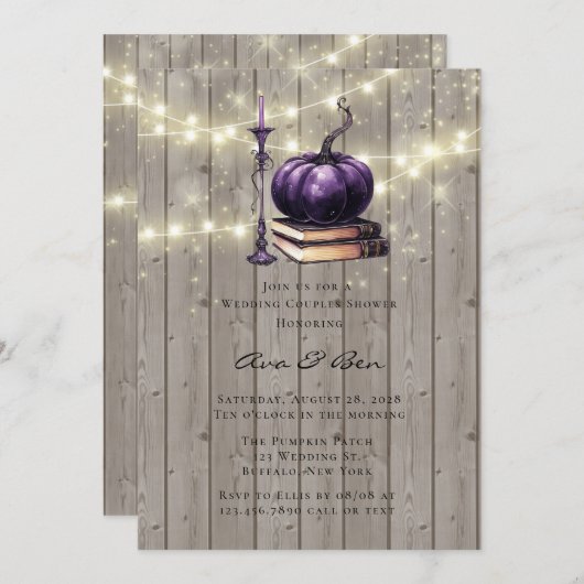 Rustiek hout Paarse pompoen kaars bruiloft Kaart (Voorkant / Achterkant)