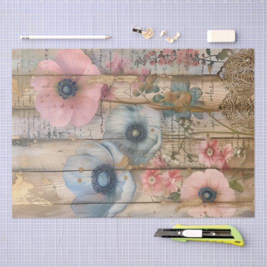 Rustiek hout, Pastel Bloemen Decoupage Tissuepapier (Craft)
