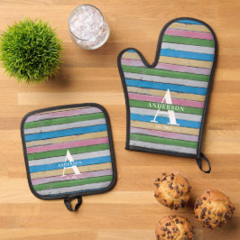 Rustiek Hout Pastel Strepen Familienaam Ovenwant & Pannenlap Set